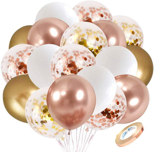 Rose Gold Confetti Latex Balloons, 60 pcs 12 inch White Metallic Gold Party Balloon with 33 Ft Rose Gold Ribbon for Birthday Wedding - If you say i do