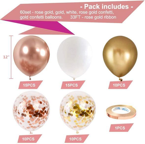 60 Pack Rose Gold Balloons + White Balloons + Confetti Balloons w/Ribbon for Bridal & Baby Shower Parties |  Latex Balloon Decorations - If you say i do