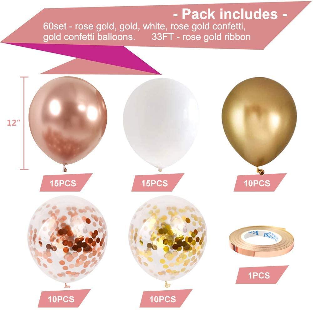 60 pcs 12 inch White Metallic Gold Party Balloon with 33 Ft Rose Gold Ribbon - If you say i do