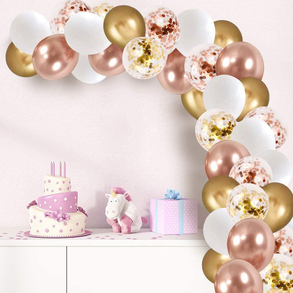 Rose Gold Confetti Latex Balloons, 60 pcs 12 inch White Metallic Gold Party Balloon with 33 Ft Rose Gold Ribbon for Birthday Wedding - If you say i do