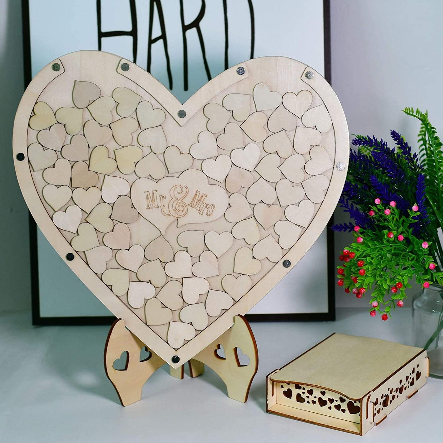 Wedding Guest Book Alternative, Wooden Frame with 75 Blank Hearts, Wooden Frame for Rustic Wedding Decorations - If you say i do