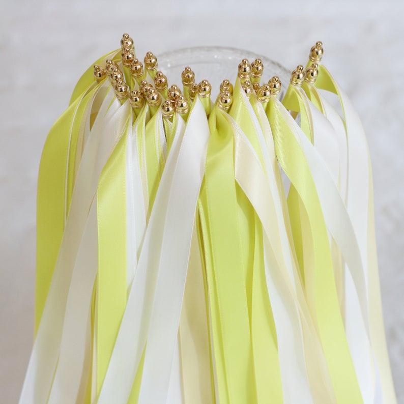 White Buttermilk Pineapple Ribbon and Bell Wedding Wands, Ribbon Sticks, Magic Fairy Wands - If you say i do