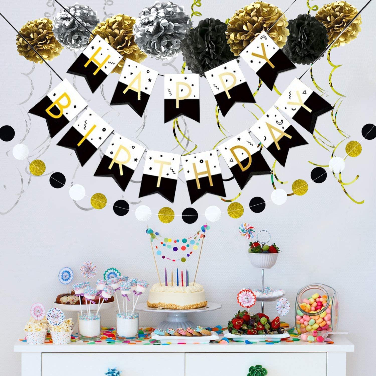 Happy Birthday Banner Kit - Happy Birthday Decorations - 1 Bday Banner, 9 Swirls, 8 Pom Poms Flowers, 1 Dots Garland - Birthday Party Decorations - If you say i do
