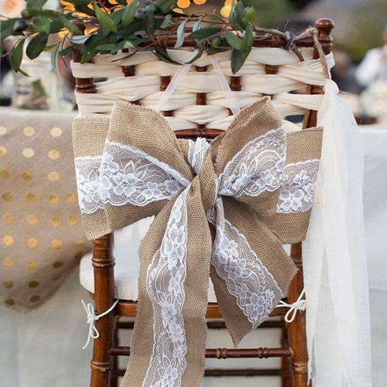 10Pcs Burlap Lace Chair Sashes Hessian Jute Chair Cover Bows Rustic Linen Lace Chair Bows for Wedding Decoration Home Décor (6ââ‚?x 94ââ‚? 10pcs) - If you say i do