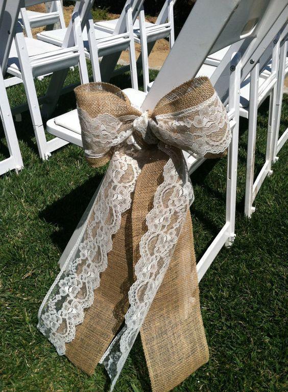 10Pcs Burlap Lace Chair Sashes Hessian Jute Chair Cover Bows Rustic Linen Lace Chair Bows for Wedding Decoration Home Décor (6ââ‚?x 94ââ‚? 10pcs) - If you say i do