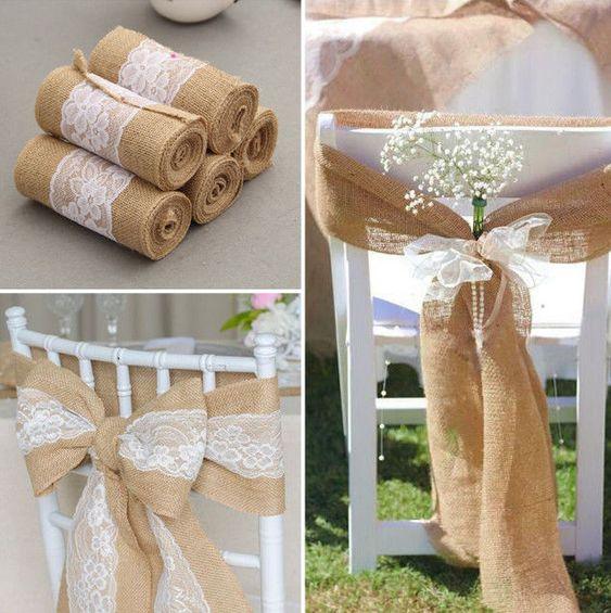 10Pcs Burlap Lace Chair Sashes Hessian Jute Chair Cover Bows Rustic Linen Lace Chair Bows for Wedding Decoration Home Décor (6ââ‚?x 94ââ‚? 10pcs) - If you say i do